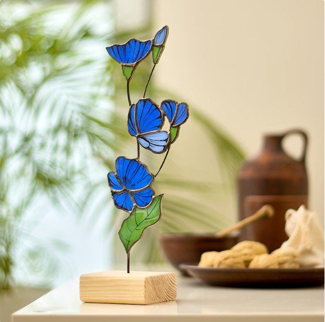 Stained Glass blue chicory flower table stand decoration wholesale supply