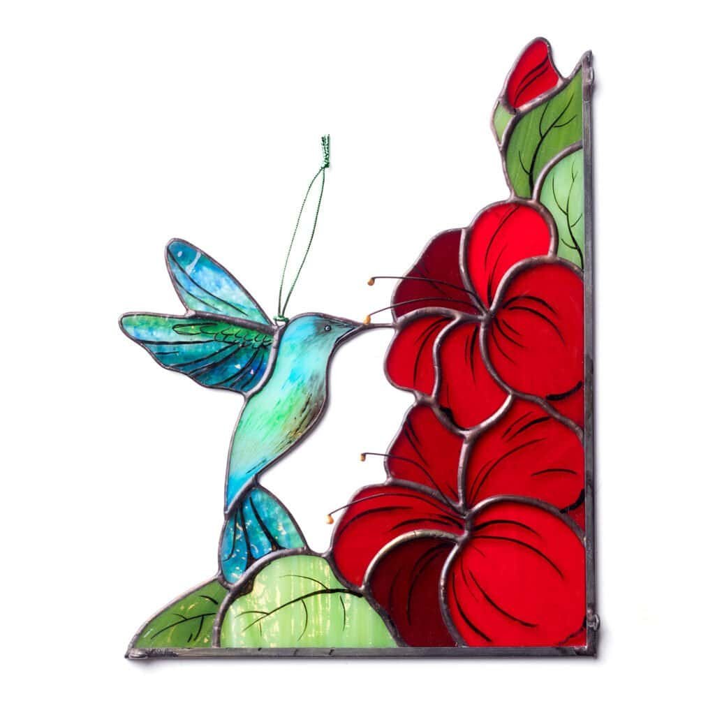 Stained Glass Hummingbird Window Corner with Red Hibiscus Flowers